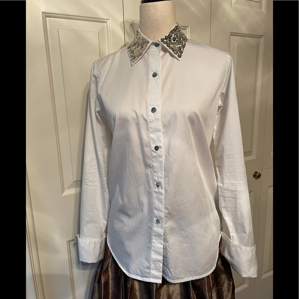 Pink Tartan long sleeve blouse/ sequined collar